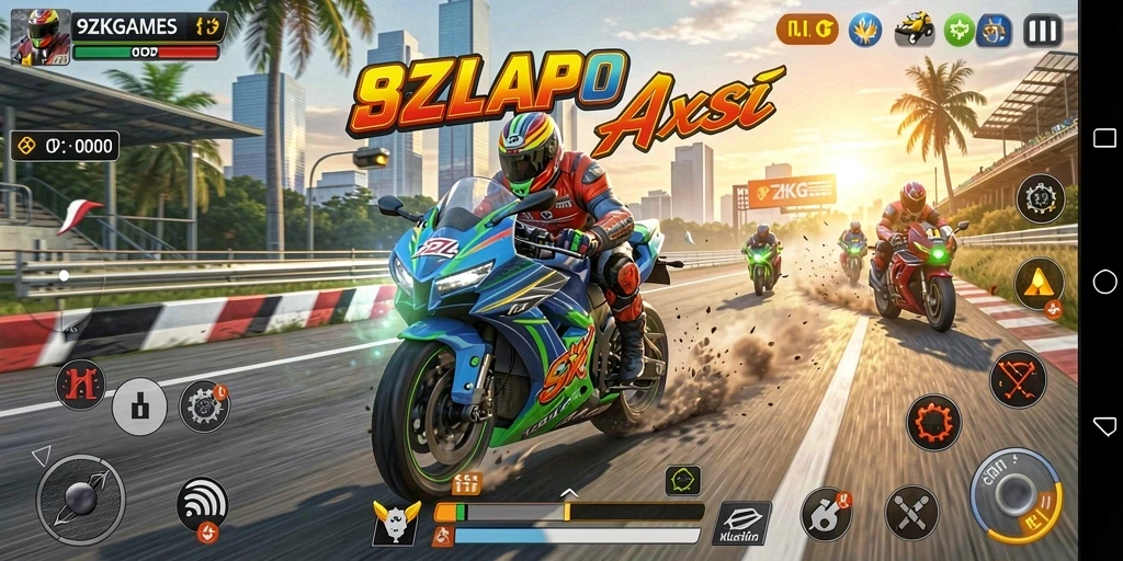 Gameplay seru 9ZKGAMES dengan balap motor inti.