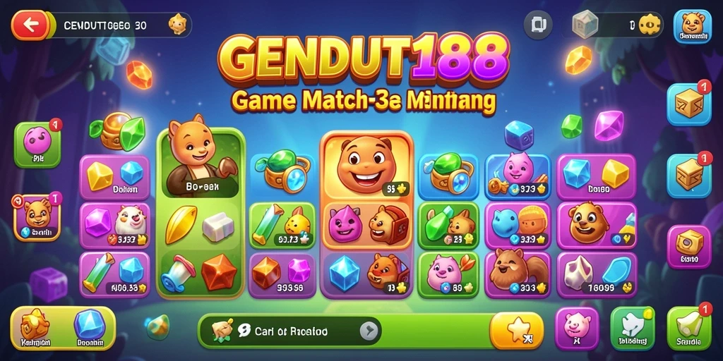 Screenshot GENDUT188 yang menunjukkan gameplay Match-3 yang penuh warna.