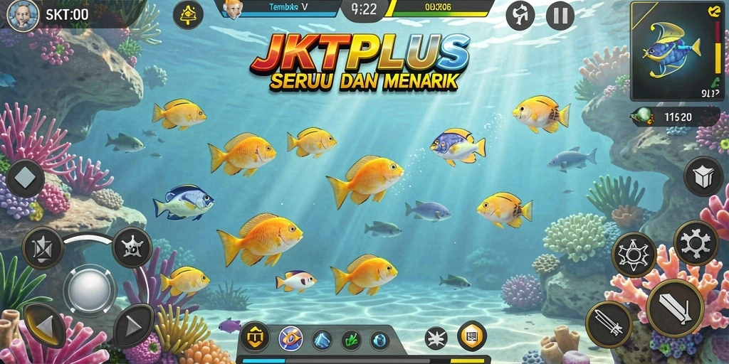 Screenshot JKTPLUS menampilkan pemain berburu ikan di lautan yang berwarna-warni.