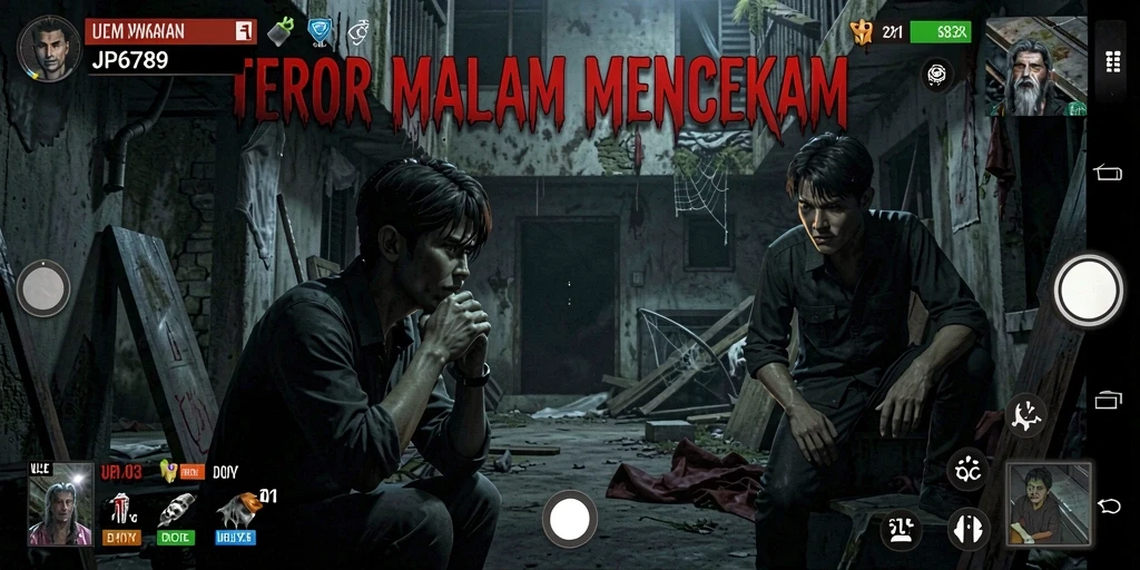 Screenshot gameplay JP6789 menampilkan karakter yang menghadapi makhluk menyeramkan.