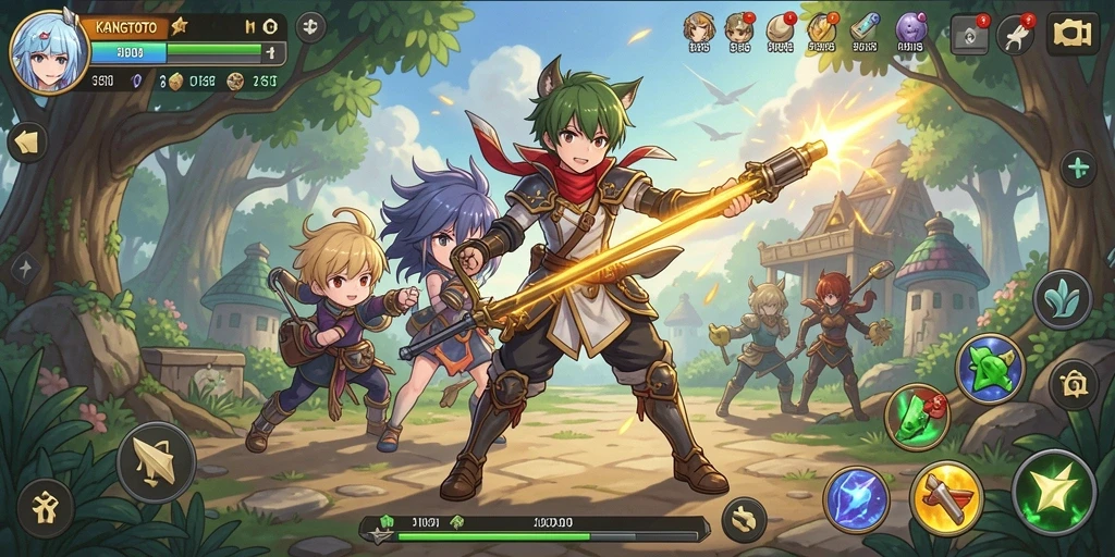 Tampilan gameplay KANGTOTO dengan karakter anime yang beraksi di medan pertempuran.