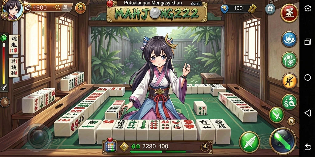 Screenshot menampilkan gameplay seru di MAHJONG222 dengan karakter anime.