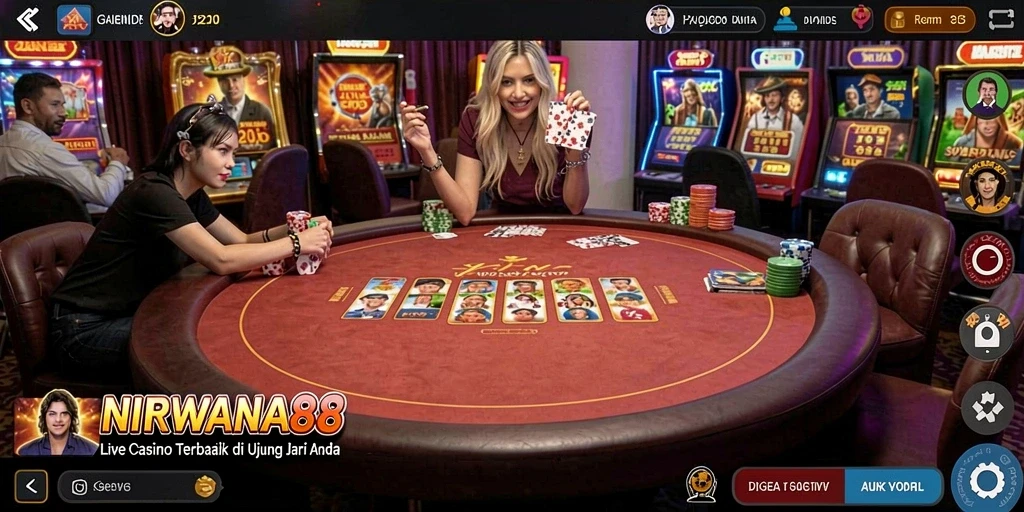 Screenshot gameplay Live Casino NIRWANA88 menampilkan dealer dan pemain yang berinteraksi.