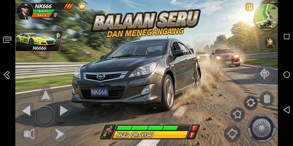 Tangkapan layar gameplay NK666 menunjukkan aksi balapan yang mendebarkan dan mobil yang keren.