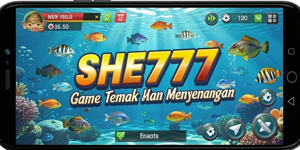 Screenshot gameplay SHE777 menampilkan aksi menembak ikan yang seru.