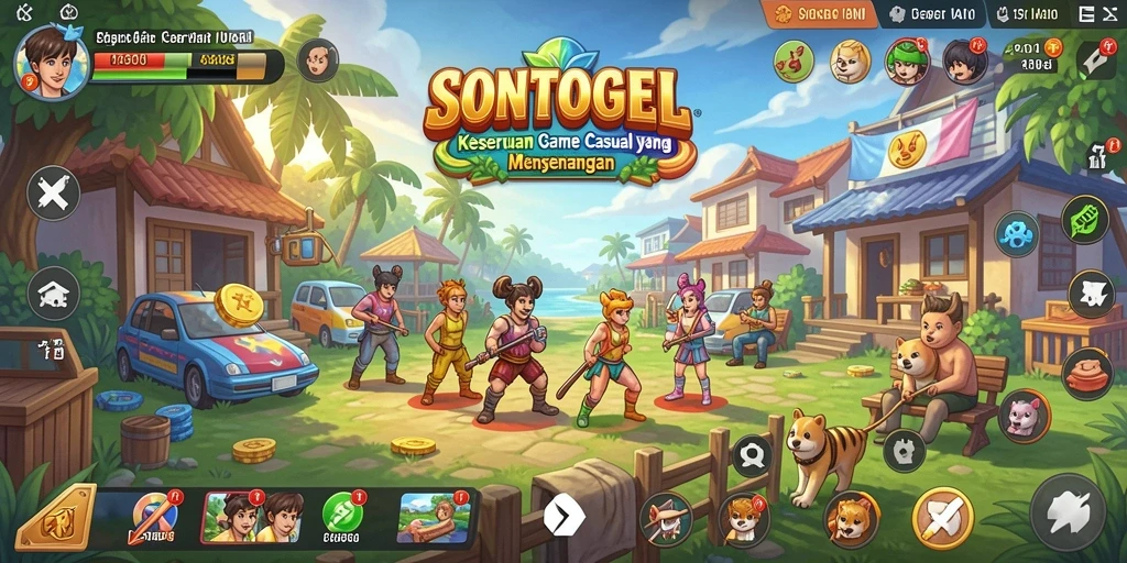 Screenshot gameplay menyenangkan dari SONTOGEL dengan grafis cerah.