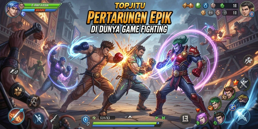 Tampilan pertarungan seru dalam gameplay TOPJITU dengan karakter-karekter unik.