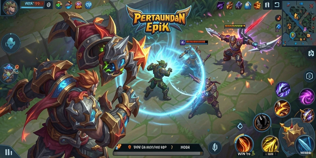 Screenshot tampilan permainan WIN199 dengan aksi pertarungan MOBA.