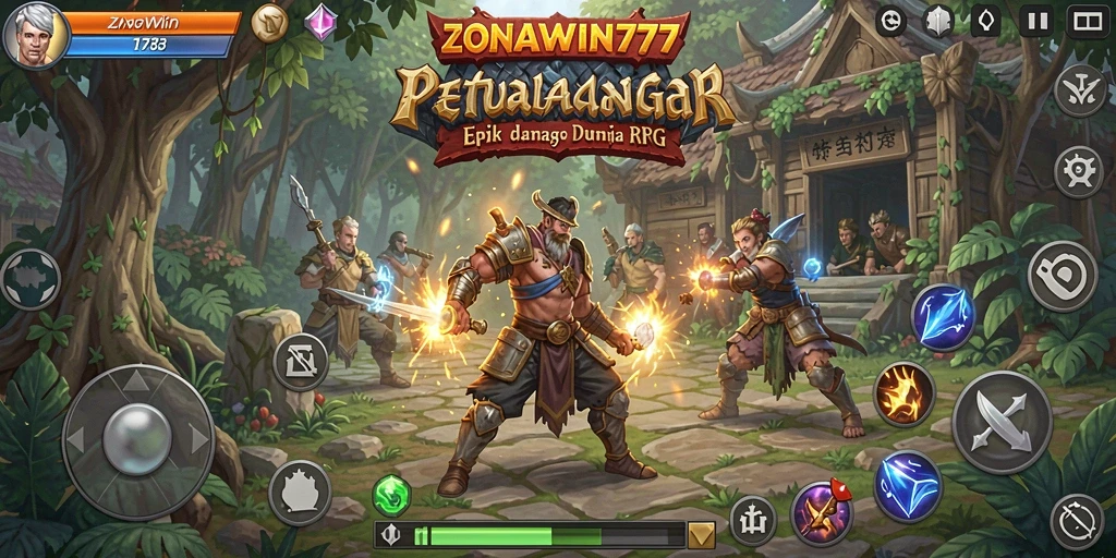 Tampilan gameplay ZONAWIN777 dalam pertempuran RPG yang mendebarkan.